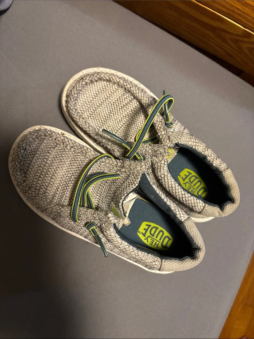 Hey Dude Kids Knit Slip-On Sneakers in Light Gray with Neon Green Accents